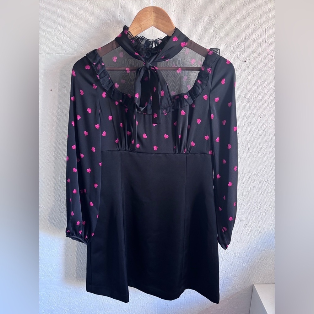 PORTS Silk Black Red Heart Pattern Long Sleeve Ruffle Bow Tie Mini Dress - Picture 7 of 14
